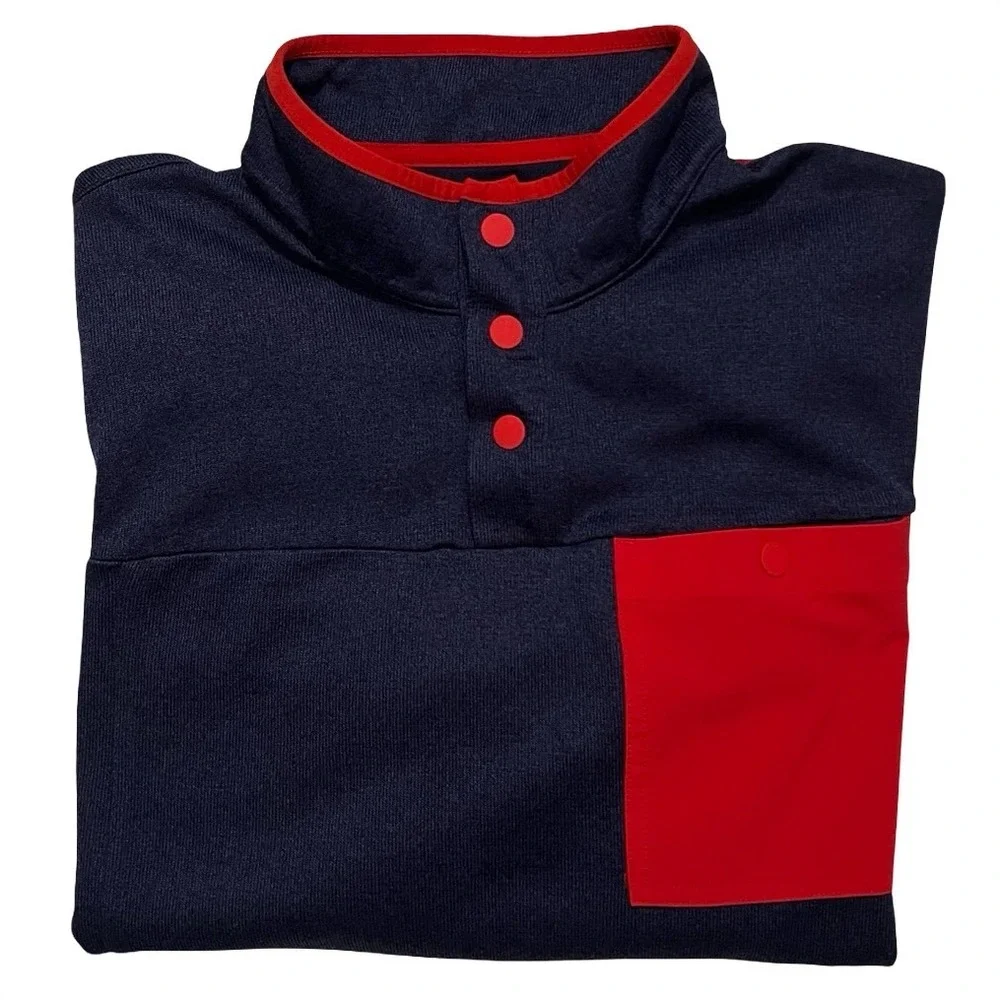Duluth Trading Co Mens Navy Blue Red Snap Neck Pullover Sweater Large Pocket